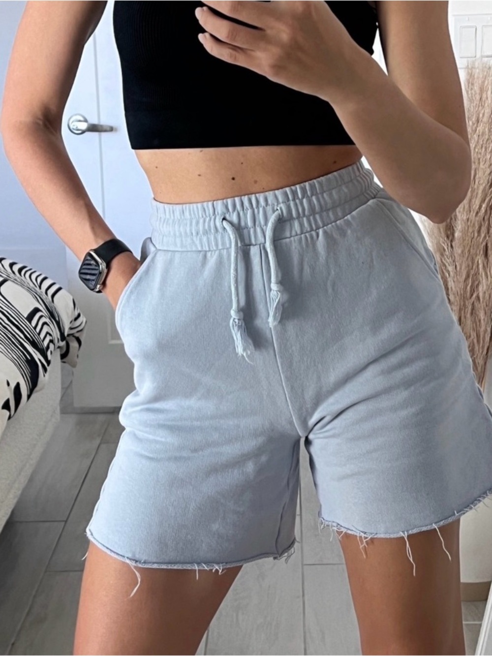 H&M Light Blue High-Waist Drawstring Bermuda Shorts